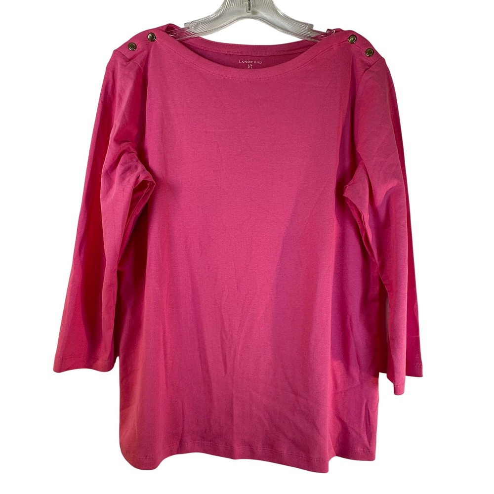 Lands End Pink Cotton Boat Neck Button Shoulder Long Sleeve Top Large Petite